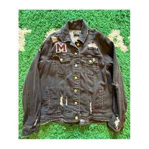 Tinsel Town Denim Jacket Womens Small Black Excellent Distressed Varsity Patch